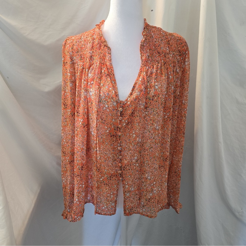 Free People Lela Floral Blouse Top Peasant Whimsical Boho-chic Orange Size M